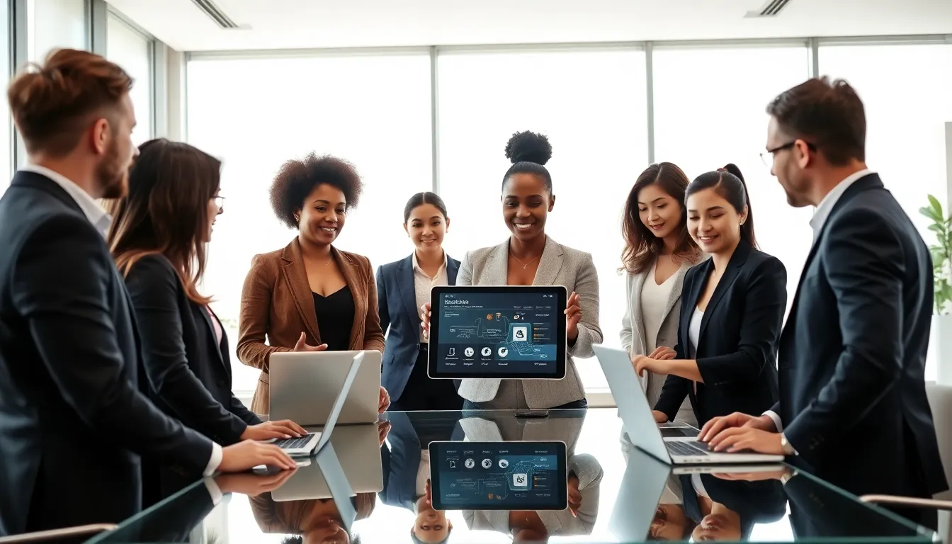 diverse team presenting and discussing the Drewser3870 in a modern office.